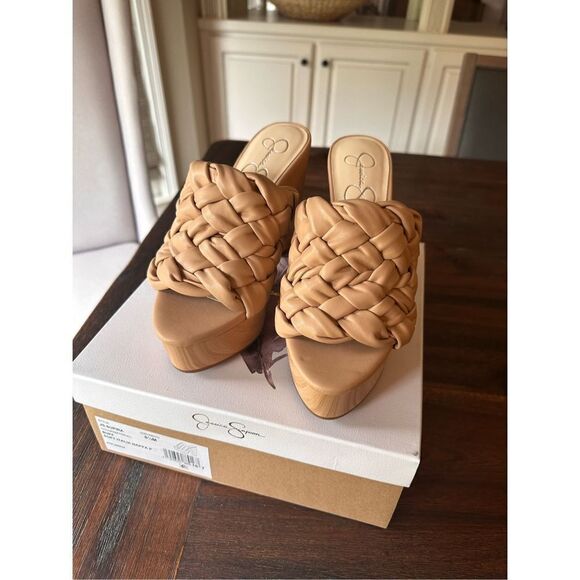Jessica Simpson Tan Neutral Woven/Braided Wood Platform Heels - Picture 1 of 9
